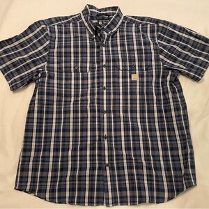 Carhartt Mens Shirt XL 100% Cotton Short Sleeve Button Down Blue Plaid LOOSE FIT
